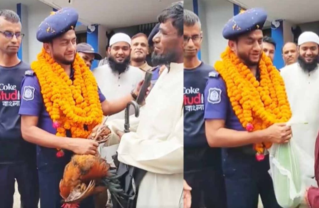 ঘরের হাঁস-লাউ-ফল নিয়ে এসে ওসিকে বিদায় দিলেন স্থানীয়রা