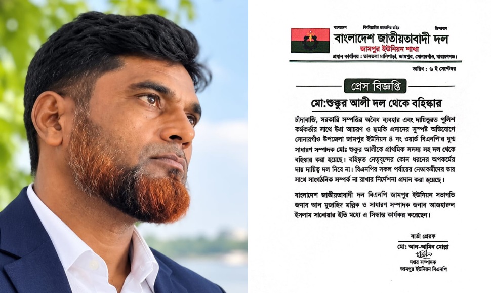 চাঁদাবাজি ও পুলিশকে হুমকির অভিযোগে বিএনপি নেতা বহিষ্কার